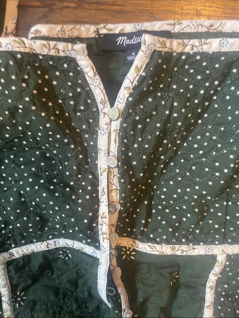 Madewell Dark Green Polka Dot Puff Sleeve Blouse with Contrast Trim - Picture 4 of 5